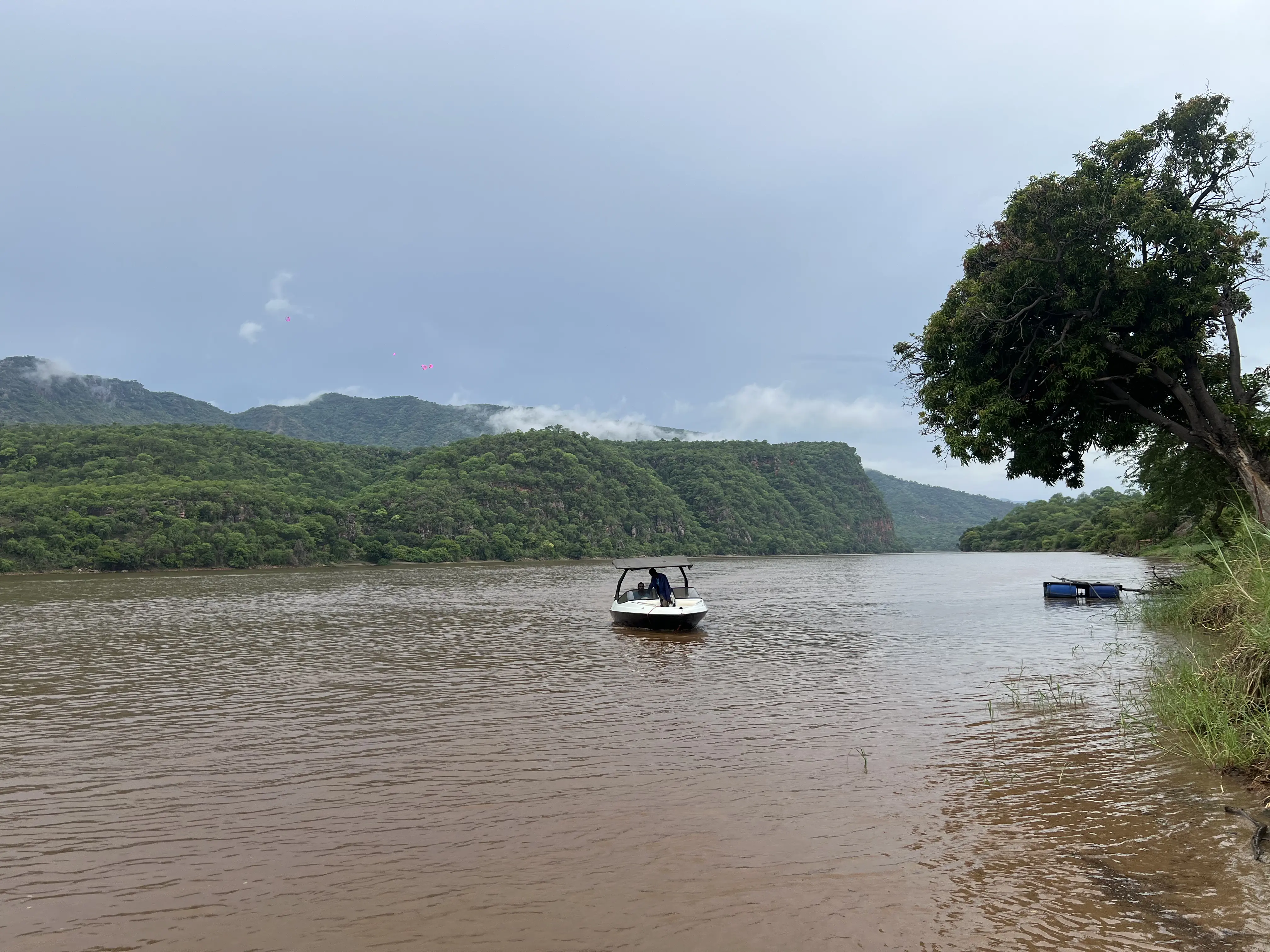 Cinematic horizon view of wide river and mountain canyons in Zambia
